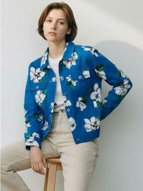 Isaac Mizrahi Live Casual Blue Floral Denim Style Jacket Sz 12 Cotton Blend
